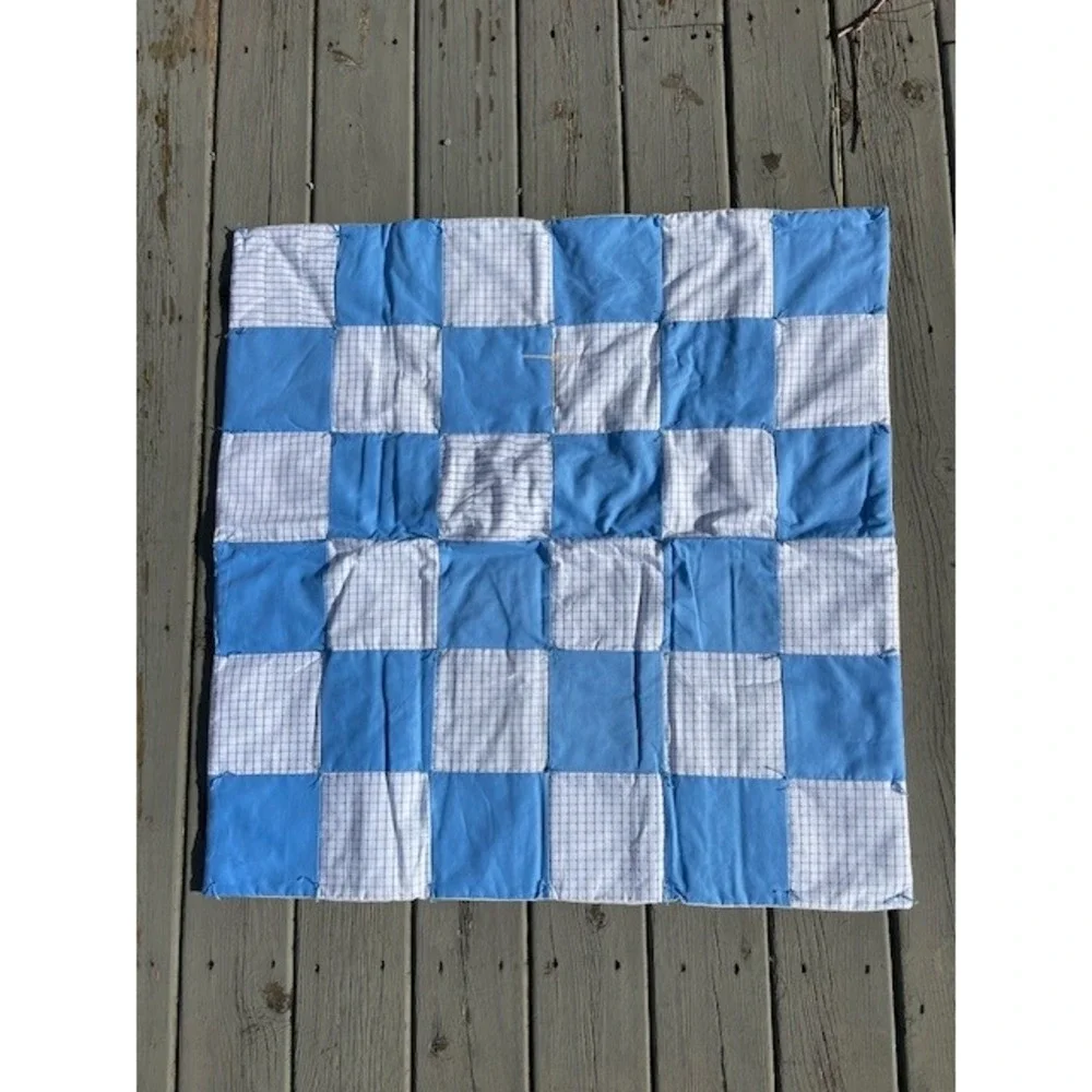 Handmade Blue White Checkerboard Patchwork Quilt Hand Tied Rustic Lap Blanket
